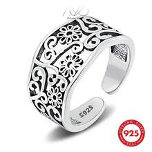 925 Sterling Silver Vintage Hollow Flower Design Open Ring, Smooth Finish, Adjustable, Suitable For Daily Wear, Party, Gift For Family And Friends, Birthday, Holiday - Gift Box - Antique Silver - View 1
