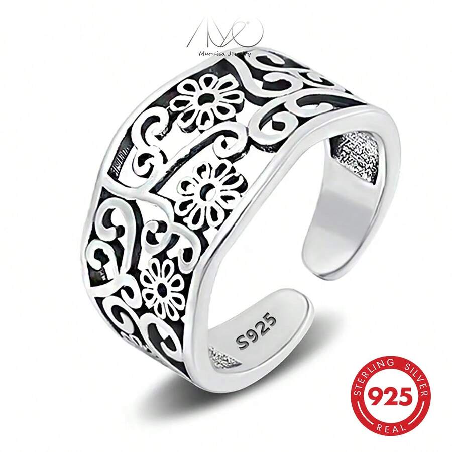 925 Sterling Silver Vintage Hollow Flower Design Open Ring, Smooth Finish, Adjustable, Suitable For Daily Wear, Party, Gift For Family And Friends, Birthday, Holiday - Gift Box - Antique Silver - View 1
