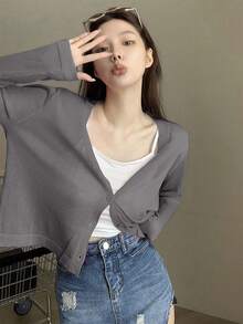 Áo khoác cardigan dệt kim dài tay cổ chữ V dáng rộng, nhẹ, thoáng khí dành cho nữ, thích hợp cho mùa xuân/hè. - Xám - Xem 11