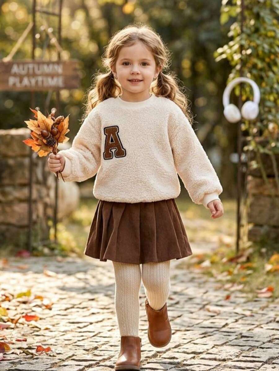 Conjunto de 2 piezas de sudadera de forro polar tipo teddy con estampado de letras "Girls" y falda para niñas pequeñas, primavera y otoño - Café integral - Ver 1