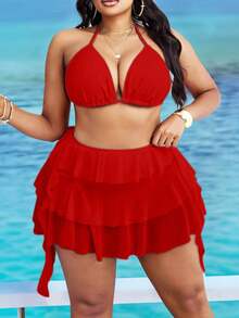 Traje de baño de dos piezas para mujer talla con parte superior de cuello halter de unicolor y Bottom con volantes multicapa - Rojo - Ver 1