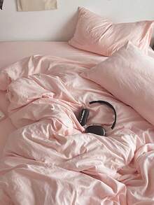 Blue And White Color-Block Washed Polyester Fiber Skin-Friendly 3 PiecesDuvet Cover Set - Baby Pink - View 5
