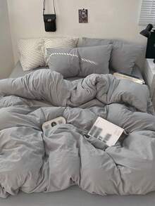 Blue And White Colorblock Washed Polyester Fiber Skin-Friendly 3 PiecesDuvet Cover Set - Light Grey - View 5