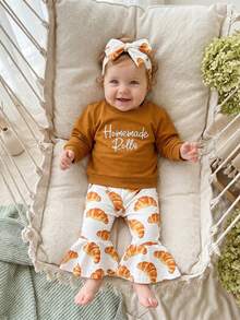 Girls Thanksgiving Bell Bottom Outfit Long Sleeve O Neck Pullover Croissants Print Flared Pants Headband Sets - Coffee Brown - View 4