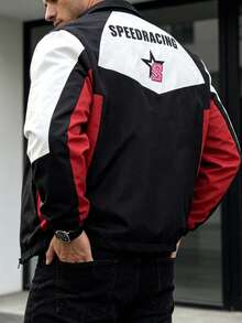 Men's Spring/Autumn Stylish Casual Letter Print Color-Blocked Motorcycle Racing Jacket, Simple And Versatile Lapel Men's Coat, Suitable As A Gift For Friends, Husbands, Or Boyfriends. - Black - View 6
