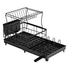 Piorlado 2 Tier Dish Drainer Rack - Dish Rack With Utensil Holder For Kitchen Counter, Large Capacity Space-Saving Dish Drying Rack With Draining Board, Extendable, Black - Black - View 8