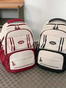 Large Capacity Color Block School Backpack | Beige & Black Bag With Logo & Striped Details | School/Travel/Commute | Bag,Y2k - Multicolor - View 3