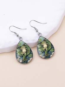 1 Pair Cartoon Fairy Tale Style Water Lily Frog Pattern With 316 Stainless Steel Teardrop Ear Hooks, Minimalist Style Suitable For Women's Daily Gift Wearing Jewelry Earrings, Elegant Minimalist Style Women's Suitable For Daily Vacation Wearing Jewelry Earrings - Olive Green - View 6