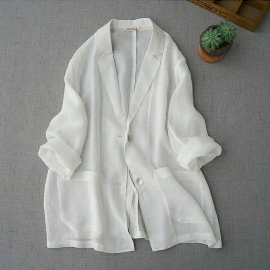 Summer 2026 New Arrivals: Women's Korean-Style Lightweight Tailored Jacket, Solid Color, Long Sleeves, Relaxed Fit, Stylish, Casual, Light Outerwear, Sun Protection, Air Conditioning Protection, Commuting, Office Wear - White - View 1