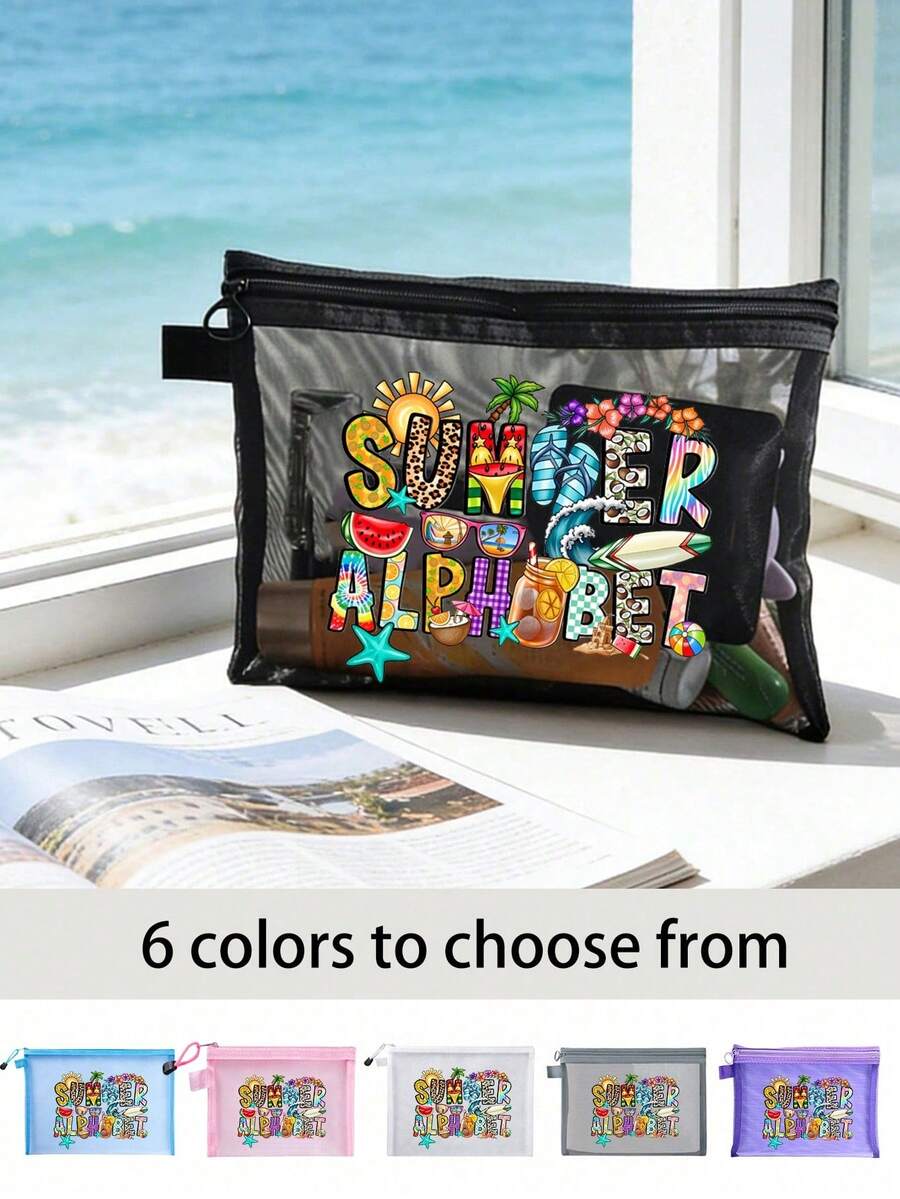時尚女款網格化妝包，印有「Summer Letter」圖案 - 夏季必備。多功能護膚包、旅行盥洗包、便攜式化妝包、沙灘包、宿舍用品；適用於辦公室、學校、度假、派對，非常適合生日禮物、旅行紀念品、節日禮物、婚禮配件 - 彩色 - 查看 1
