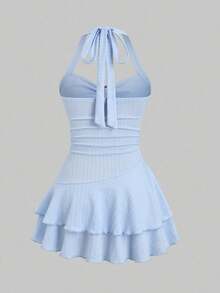 Solid Color Textured Jumpsuit With Tie Neck For Vacation, For Beach Party - Blue - View 2