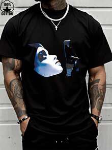 Men's Summer Short Sleeve T-Shirt, Plus Size, Y2K Style, 100% Cotton, "Dead  Gangster" Movie Print, 200g Heavyweight Cotton T-Shirt For Halloween - 黑色 - 查看 1