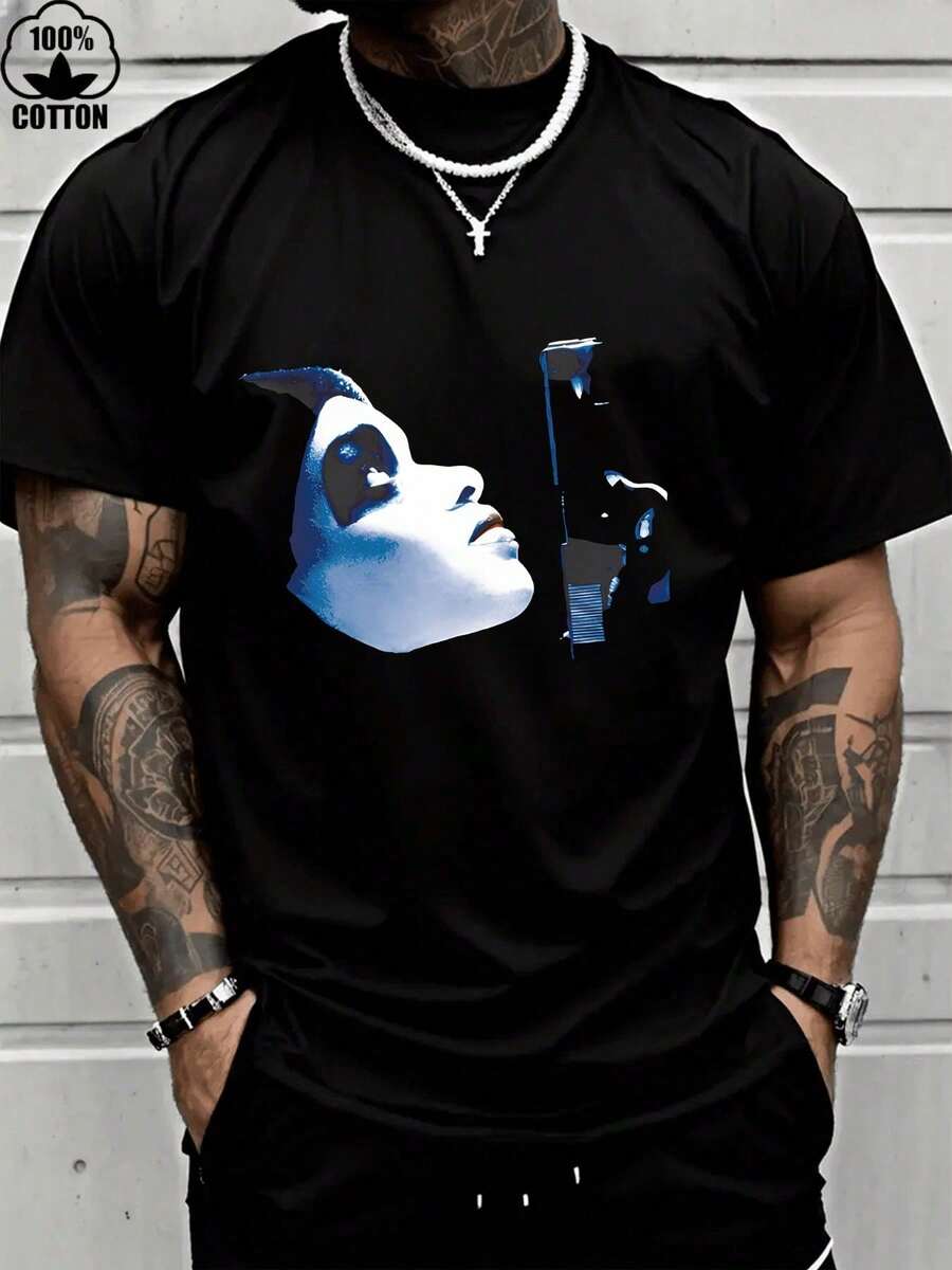 Men's Summer Short Sleeve T-Shirt, Plus Size, Y2K Style, 100% Cotton, "Dead Gangster" Movie Print, 200g Heavyweight Cotton T-Shirt For Halloween - 黑色 - 查看 1