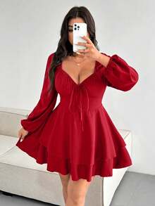 Clasi Vestido elegante de talla grande de unicolor con cintura anudada y doble dobladillo - Rojo - Ver 1