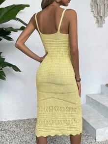 優雅女款春夏時尚休閒度假旅行海灘假期素色針織鏤空V領無袖細肩帶洋裝 - 黃色 - 查看 2