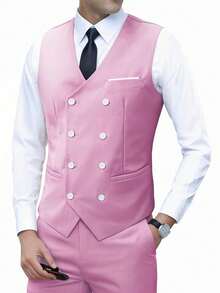 Men's Fashion New Solid Color Slim Fit Stretch 3 PiecesSuit Set, Including Double-Breasted Blazer, Vest, And Pants, Business Work Formal Wear - Pink - View 6