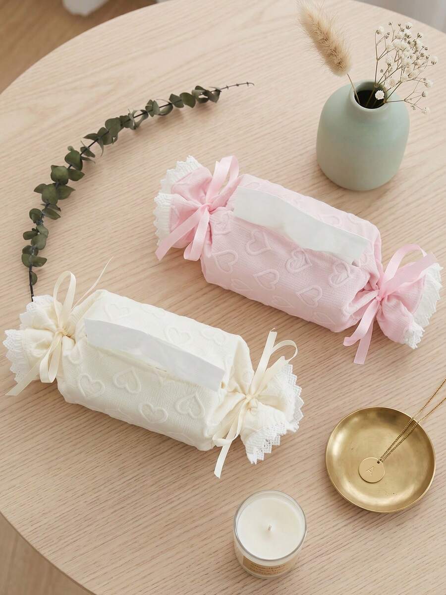 1PC Sweet Candy Roll Tissue Box Cover, Lace Ruffle Edge & Ribbon Bow Tissue Holder, Heart Pattern Fabric Tissue Dispenser, Cute Aesthetic Home Decor For Bedroom Bathroom Office - Multicolor - View 1