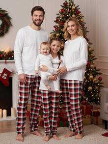 Family Matching Christmas Pajama Set, Solid Color Long Sleeve Tops And Plaid Pants Sleepwear Outfits - White - View 2