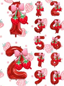 2pcs 40 Inch Red 0-9 Number + Bow Strawberry Foil Balloon Set, Suitable For Birthday Party, Baby Shower Decoration - Red Set - View 1