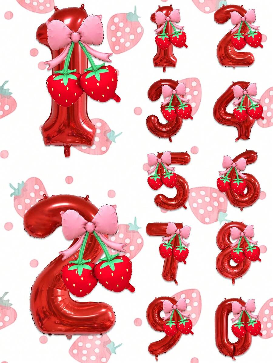 2pcs 40 Inch Red 0-9 Number + Bow Strawberry Foil Balloon Set, Suitable For Birthday Party, Baby Shower Decoration - Red Set - View 1