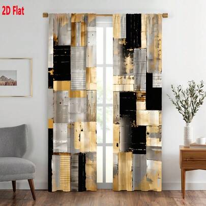 2D Flat - 2D Flat - Set Of Two Curtains Featuring A 2D Flat Abstract Geometric Design In Black, Golden, Silver, And White, With A Square And Rectangle Block Pattern. These Luxurious Modern Decorative Curtains Have A Metallic Sheen And A Weathered Di