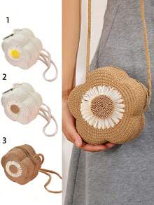 Flower Woven Bag, Handmade Woven Mini Crossbody Bag, Straw Woven Sunflower Pattern, Zipper Closure, Portable Key Pouch, Straw Handbag, Beach Tote, Mini Straw Crossbody Bag, Summer Beach Shoulder Bag, Women's Cute Handbag And Coin Purse - Fun Accessory, Durable Zipper Closure, Perfect For Beach, Travel, Vacation And Daily Commute, Daily Handbag, Suitable As Gift For Girlfriend, Mother's Day, Birthday, Anniversary - Multicolor - View 2