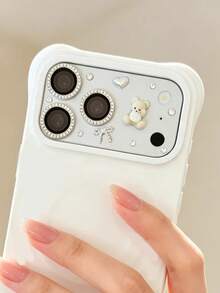 Cute 3D Bear Bling Rhinestone Pearl Scratch Resistant Transparent Base Lens Camera Protector Compatible With IPhone 17ProMax 17Pro Camera Accessories Durable Clear Protective Layer Camera Lens Cover - Pure White Bear - View 2