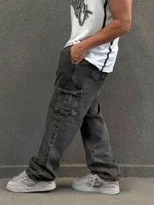 Black Stonewashed Cargo Jeans With Elastic Waistband. - Dark Wash - View 8