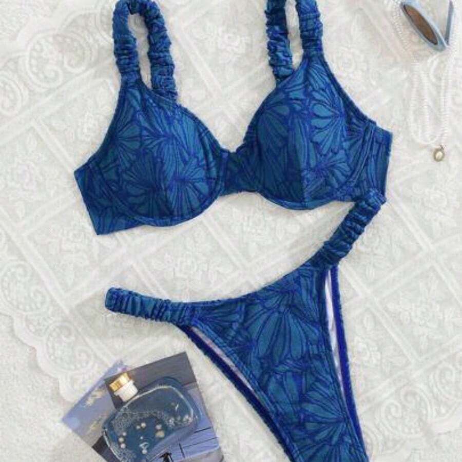 dahkjdgajy Swim Mod Set de 2 piezas de ropa de playa de primavera para mujer, conjunto de bikini con sostén de tirantes gruesos y flecos de tela floral de unicolor - Azul marino - Ver 1