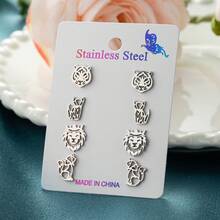 4 pares/set, pendientes de botón de acero inoxidable con cabeza de tigre, león, zorro, de moda, adecuados para hombres y mujeres, bodas y regalos - ZH006 - Ver 2