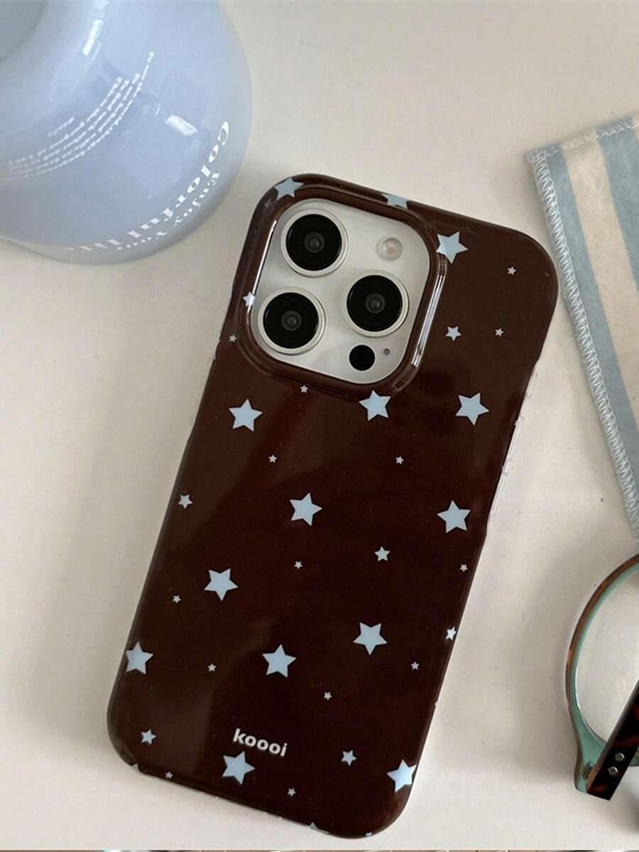 1pc, Brown Base Blue Star Phone Case Retro Style Full Coverage Shockproof Soft Shell Compatible With IPhone17/16/15/14/13/12/11 Pro Max American Ins Style Phone Protective Cover Niche Design - Brown - View 1