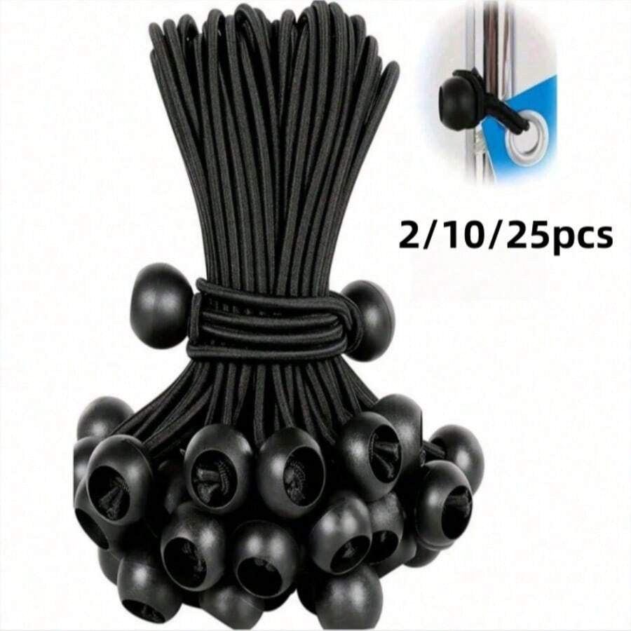 2/10/25 PCS Heavy-Duty Adjustable Elastic Cords With Plastic Balls, Black All-Season Camping Accessories, Ideal For Tent Securing, Item Storage And Carrying Foldable & Durable Outdoor Gear For Organization, High Tensile Strength And Fully Adjustable - Multicolor - View 1