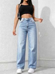 Women's Loose Stretch Washed Blue Wide Leg Jeans, All Season Commute Daily Versatile Denim Pants - Light Blue - View 6