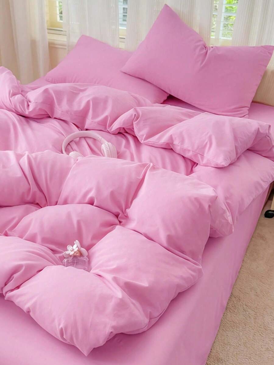 Blue And White Color Block Washed Polyester Skin-Friendly 3 PiecesDuvet Cover Set - Pink - View 1