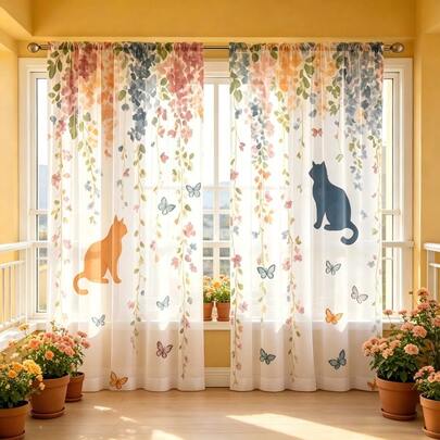 2pcs Sheer Curtains Featuring A Cat And Floral Motif,Adorned With Watercolor-Style Trailing Vines,Butterflies,And Cat Silhouettes,Translucent Curtains Feature A 2D Flat Print,Suitable For Use In Dining Rooms,Living Rooms,And Balconies.