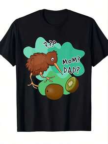 Smart Casual.1pac.100% Algodão.T-shirt masculina com estampa de pássaro kiwi, tecido macio e respirável, design adorável para amantes da natureza, top de manga curta de verão.Gola redonda - Preto - Ver 1