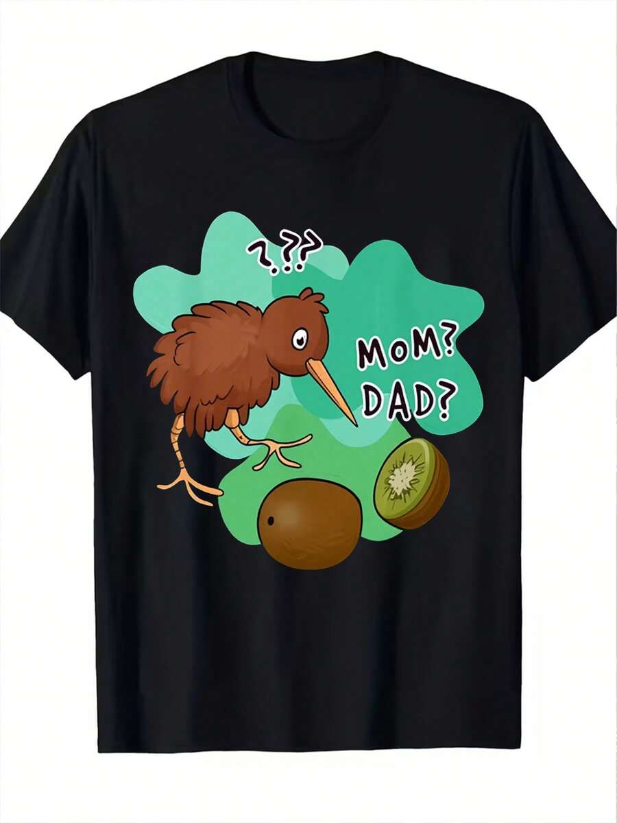 Smart Casual.1pac.100% Algodão.T-shirt masculina com estampa de pássaro kiwi, tecido macio e respirável, design adorável para amantes da natureza, top de manga curta de verão.Gola redonda - Preto - Ver 1