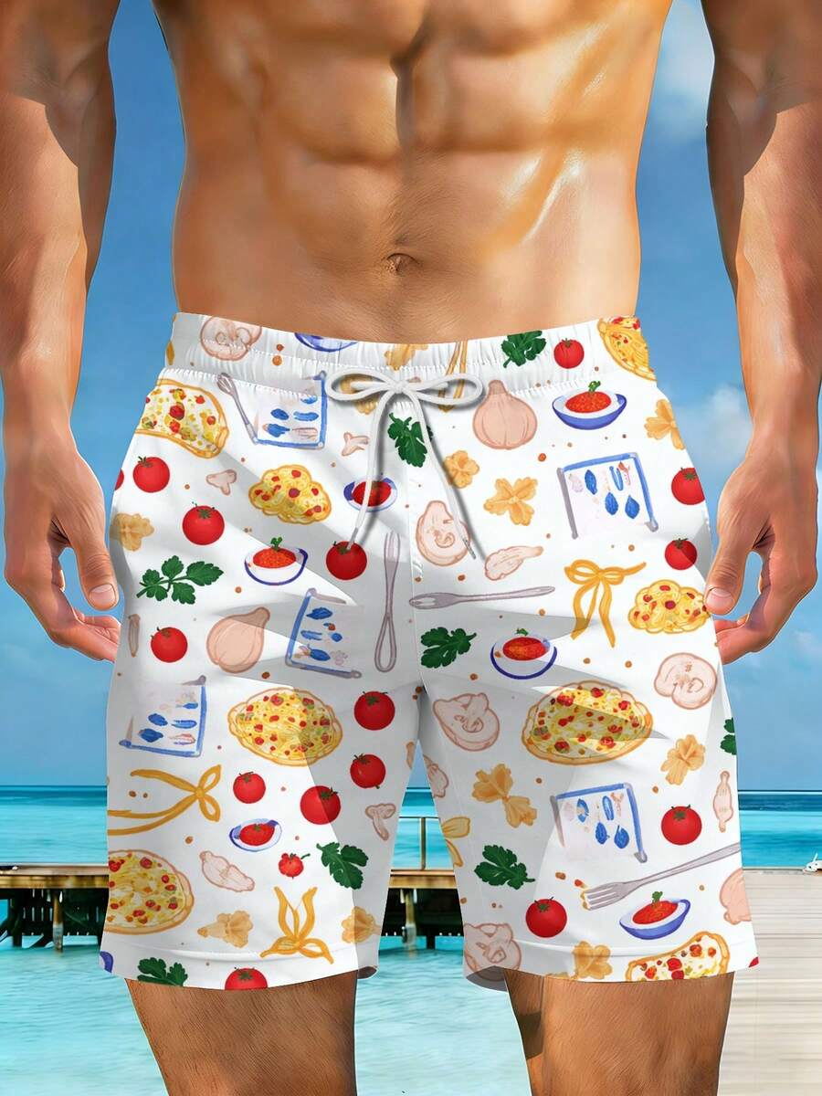 Mens Swim Trunks Pizza And Kitchen Ingredients Pattern Summer Beach Wear 3D Printing Swim Trunks For Vacation And Pool Parties Soft Comfortable Fabric - Multicolor - View 1