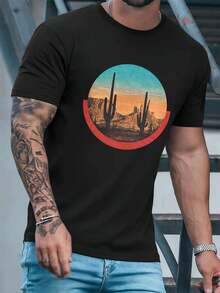DesertSunsetGraphic M En's T -SHIRT In Soft Cotton, Relaxed Fit, Hip-Hop Street Style, Unique Graphic Print - Black - View 2
