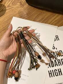 復古流蘇手工編織繩中式吊飾包，休閒圓珠波希米亞風鑰匙圈手機吊飾掛繩 - 棕色 - 查看 6