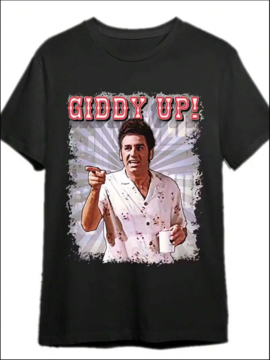 Cosmo Kramer T-Shirt - Iconic TV Show Logo & Kramer Bouncing Design, 95% /5% Spandex, Short Sleeve Casual Tee With Giddy Up! Print For Costumes, Parties & Casual Attire (Hand Was - 後退 - 查看 1