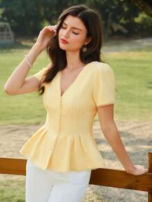 Blusa de Manga Corta para Mujer, Estampado Floral Vintage, con Ribete de Encaje, Elegante, Casual, para Vacaciones de Verano, Atuendo de Moda - Albaricoque - Ver 1