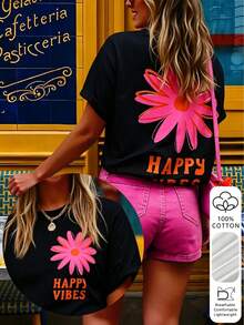 Damen Sommer 100% Baumwolle Vintage Cartoon Blumenmuster Kurzarm T-Shirt, Retro Rundhals Rückendruck Lässig Alltag Streetwear Top Urlaub Schwarz - Schwarz - Übersicht 1