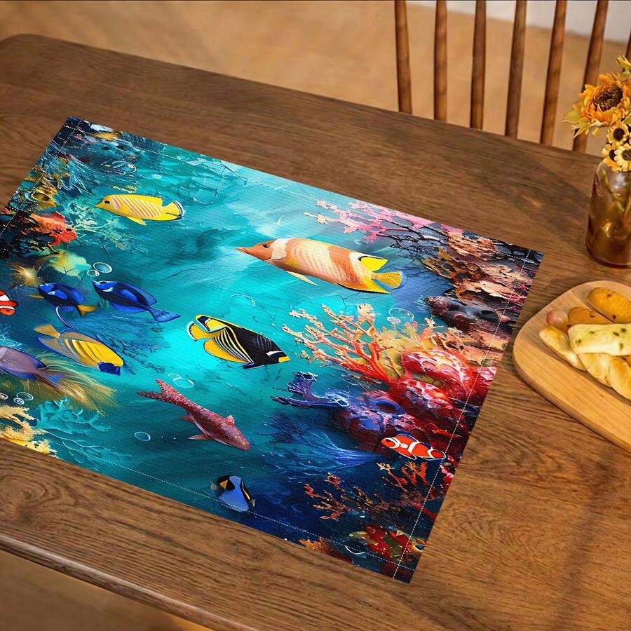 1 pieza/4piezas/6piezas, Decoración del hogar, Manteles individuales de lino con estampado de peces, Adecuados para la mesa de comedor, Decoración para todas las estaciones Primavera, Verano, Otoño, Invierno, Manteles de estilo moderno lavables, Decoración de habitación, Manteles, Posavasos, Manteles para mesa de comedor de cocina, Decoración de fiesta interior y exterior, Decoración del hogar, Regalo ideal - Multicolor - Ver 1