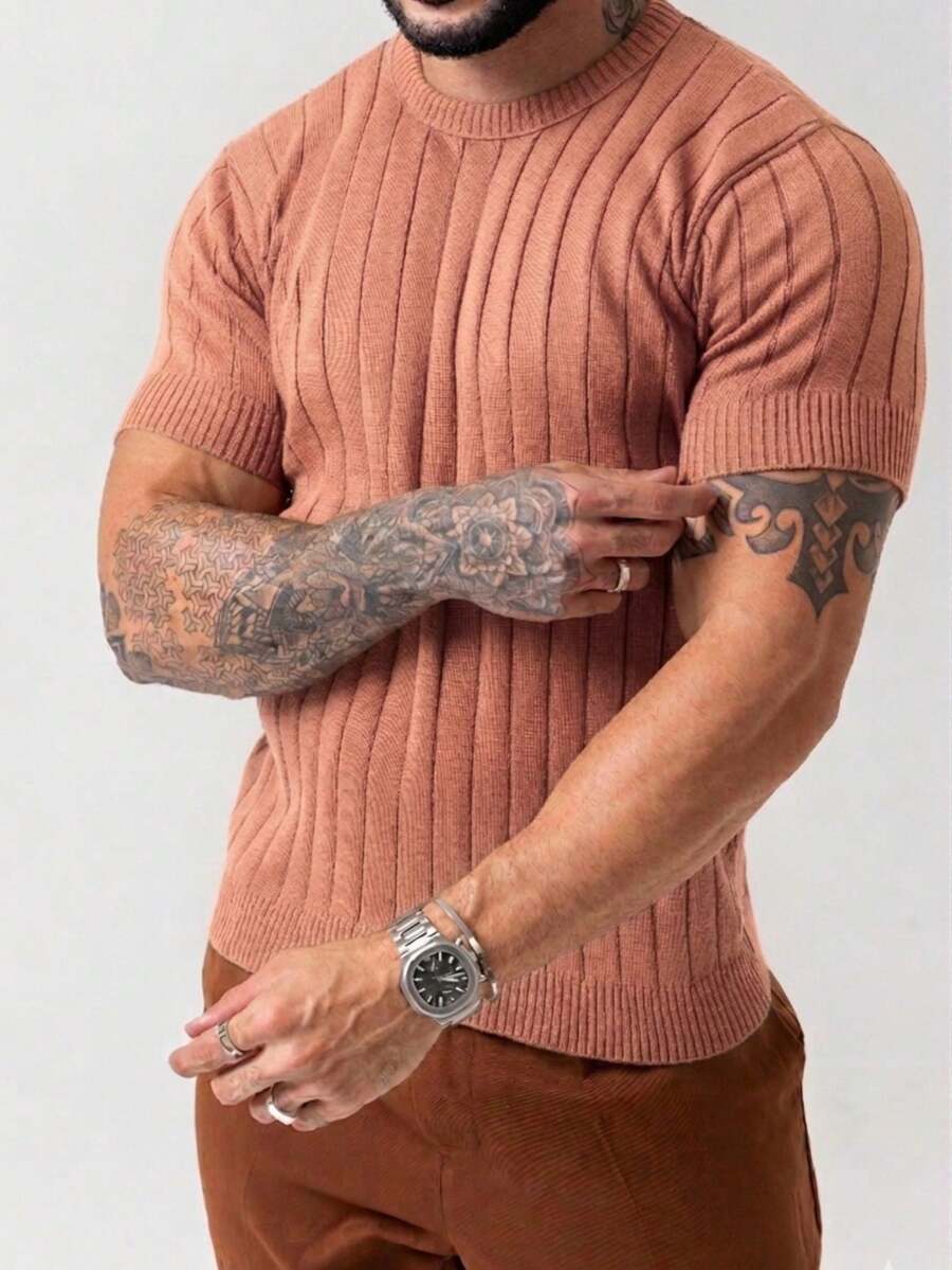 Men's Lightweight Textured Knit T-Shirt, High Quality Premium Spring/Summer 26 - Rusty Rose - View 1