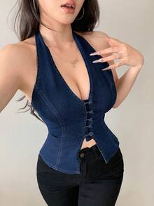 ICON Top halter de mezclilla elástico y sin mangas sexy para mujer, corsé azul, top de verano lindo - Verde militar - Ver 1