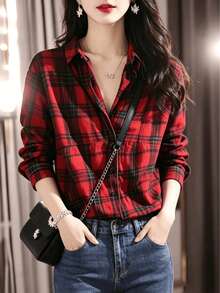 Vintage Red & Black Plaid Shirt For Women, Loose Brushed Long Sleeve Top, Ladies Casual Versatile Layering Jacket For Autumn - Red - View 4