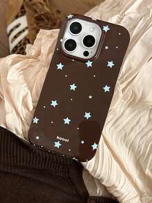 1件裝 棕色底藍色星星手機殼 復古風 全包覆 防震 軟殼 適用於 iPhone17/16/15/14/13/12/11 Pro Max 美式Ins風 手機保護套 小眾設計 - 棕色 - 查看 1