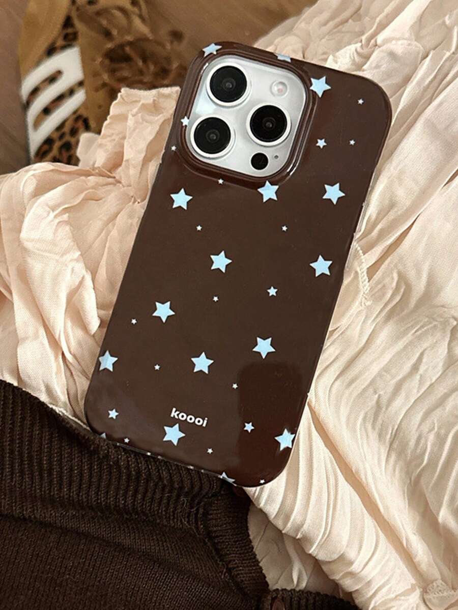 1件裝 棕色底藍色星星手機殼 復古風 全包覆 防震 軟殼 適用於 iPhone17/16/15/14/13/12/11 Pro Max 美式Ins風 手機保護套 小眾設計 - 棕色 - 查看 1