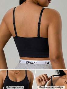 1 Stück Stück schwarzer nahtloser gerippter Sport-BH, U-förmiger tiefer Ausschnitt, verstellbare doppelte Spaghettiträger, rückenfreies Design, abnehmbare gepolsterte Cups mit Push-up-Unterstützung, breites elastisches Band für sicheren Sitz, bügelloser BH für Yoga, Fitness, Laufen, Zuhause und tägliches Tragen - Schwarz - Übersicht 3